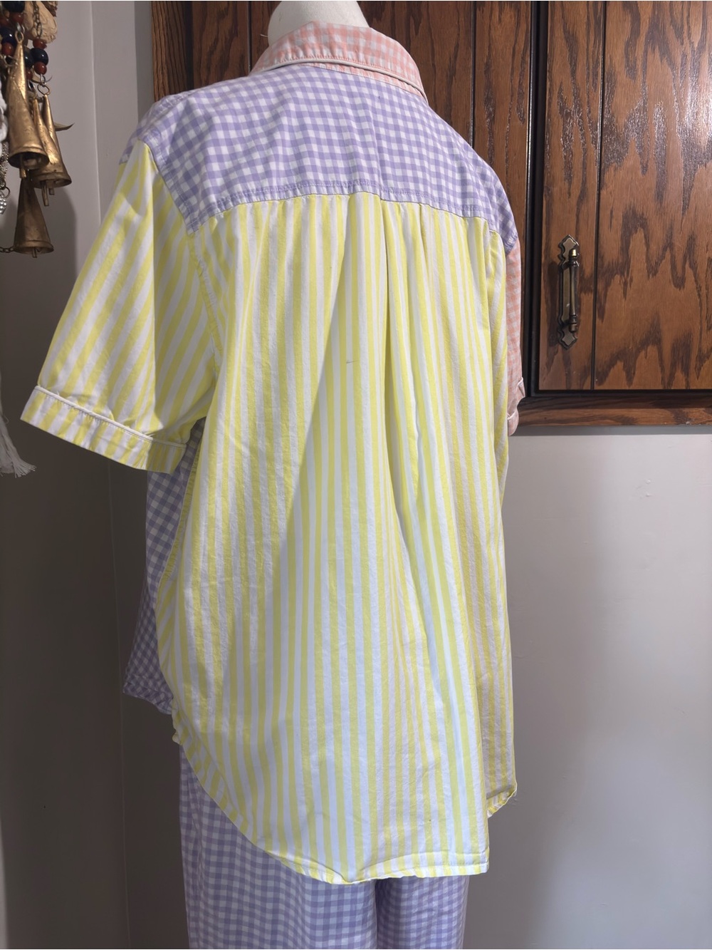 Vintage Lands' End Gingham Stripe Pajama Set Large Yellow Pink Cozy 100% Cotton - Picture 8 of 14